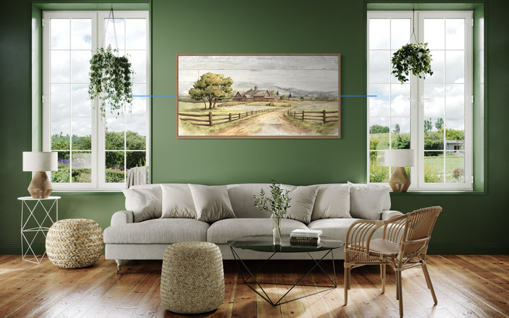 Rustic Old Barn On The Farm Landscape Painting On Wood Canvas Wall Decor in green farmhouse room