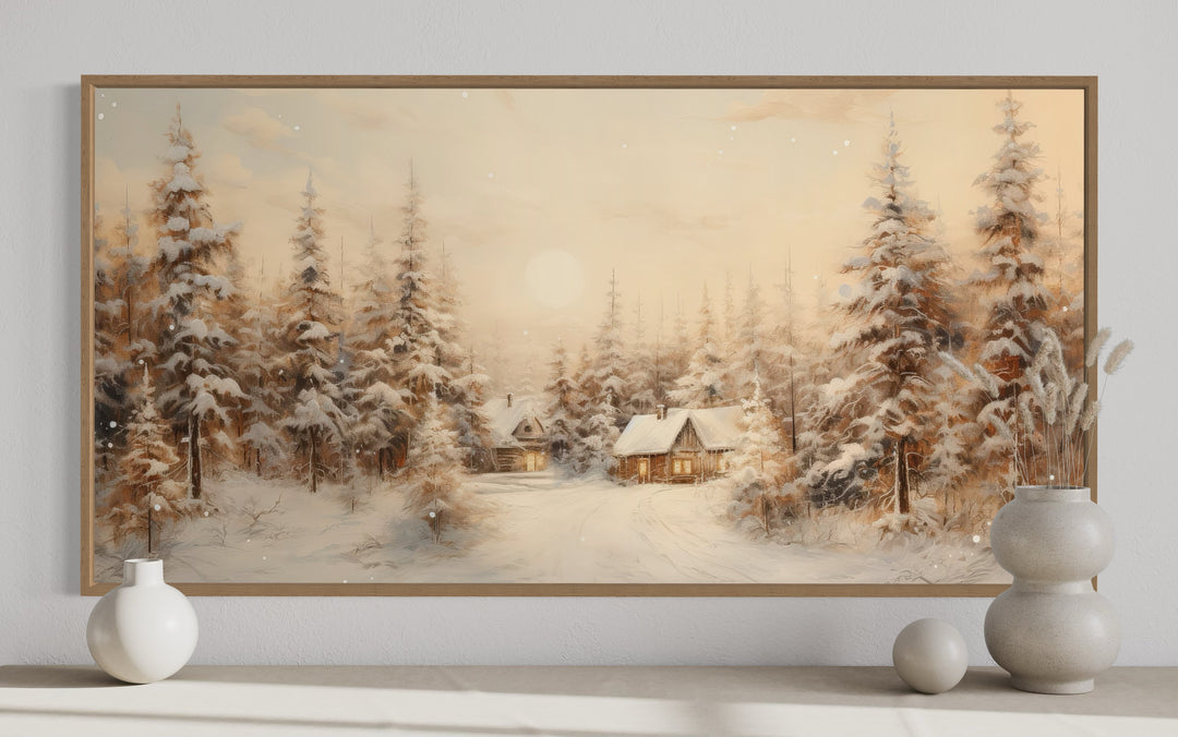 Christmas Village With Fir Trees forest Winter Framed Canvas Wall Art close up