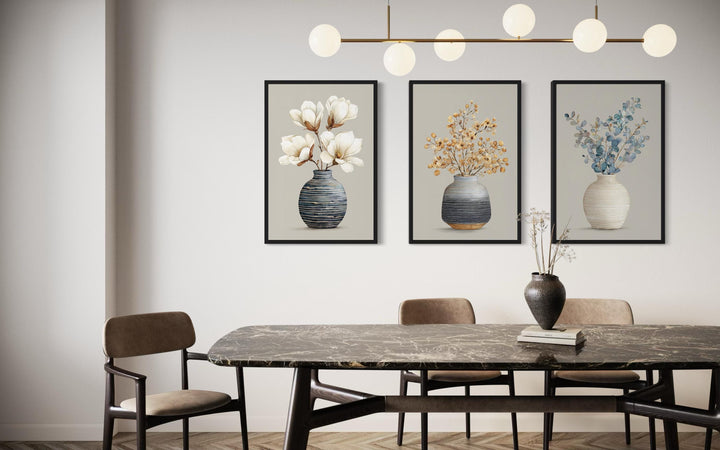 Dining Room Wall Art – Neutral Floral Canvas Set | Modern Minimalist Botanical Prints