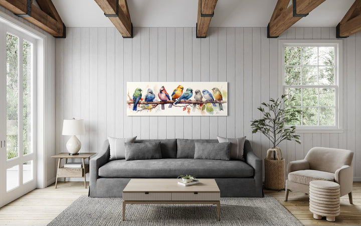 Colorful Birds On A Branch Horizontal Framed Canvas Wall Art in living room