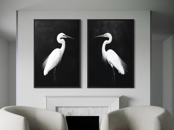Set of 2 White Egrets On Black Background Canvas Wall Art