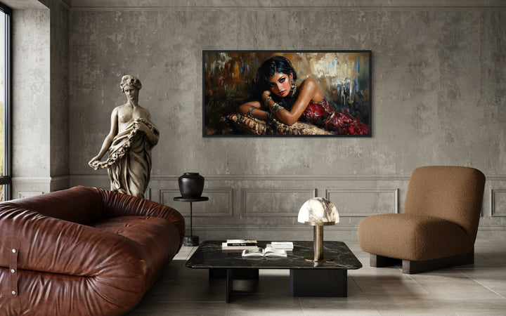 Beautiful Sexy Brunette Woman In Red Dress Framed Canvas Wall Art in a living room filled with furniture and a statue