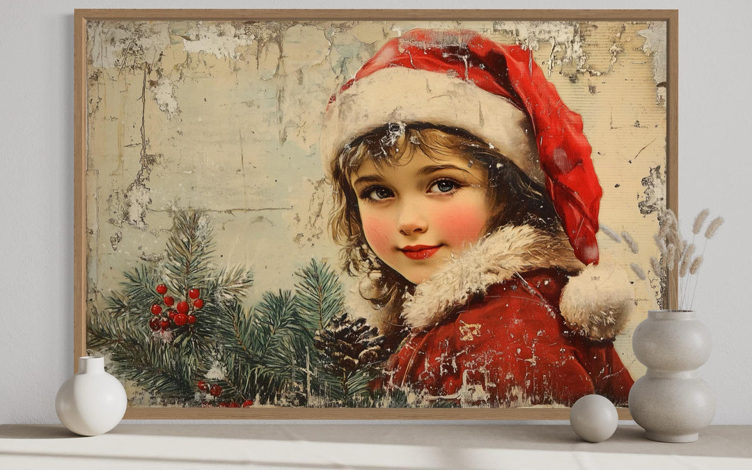 Vintage Christmas Girl in Red Santa Hat Canvas Wall Art
