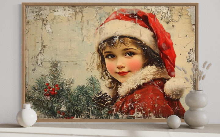 Vintage Christmas Girl in Red Santa Hat Canvas Wall Art