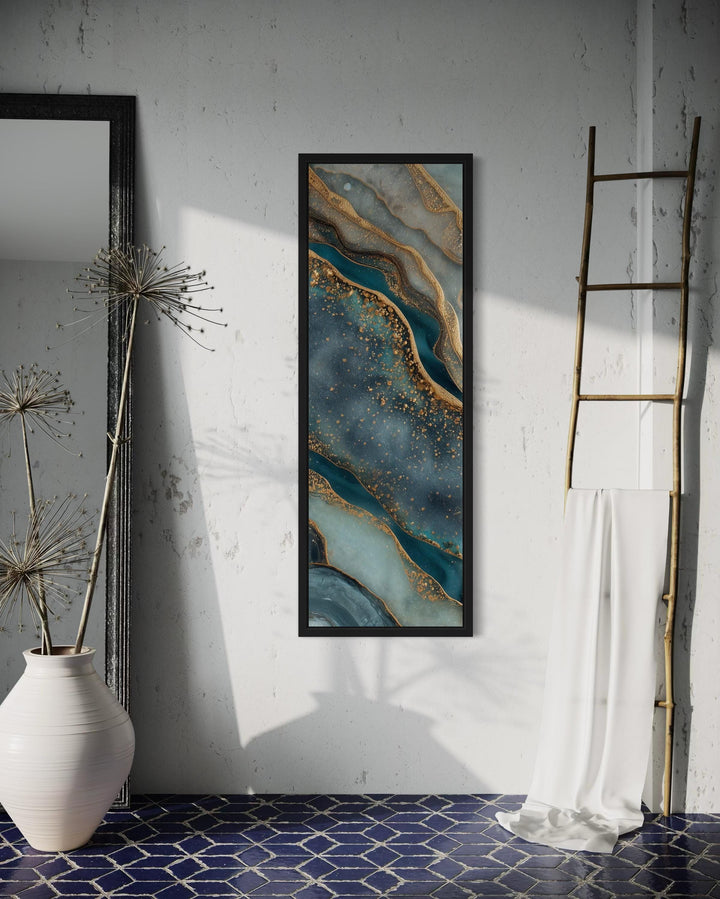 Tall Narrow Vertical Marble Inspired Abstract Teal Blue Gold Canvas Print