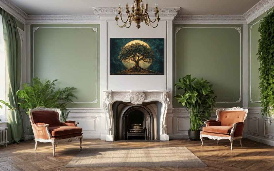 Green Tree Of Life At Night Under Big Moon Framed Canvas Wall Art above fireplace mantel