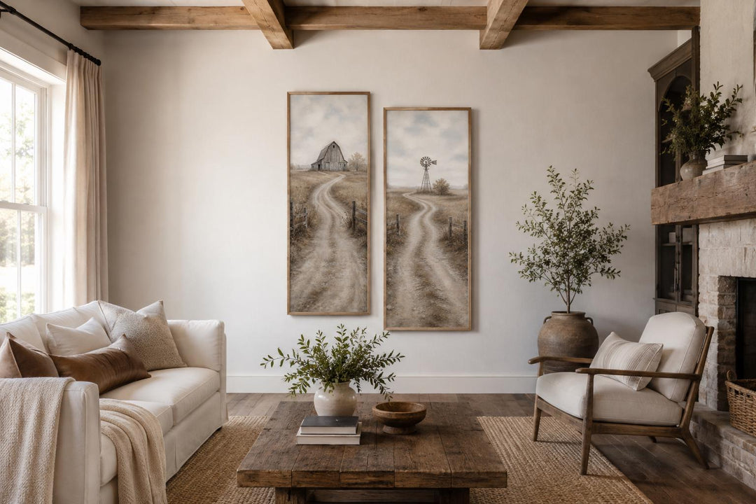 Set of 2 tall narrow farmhouse wall art panels featuring country roads with a barn and windmill.