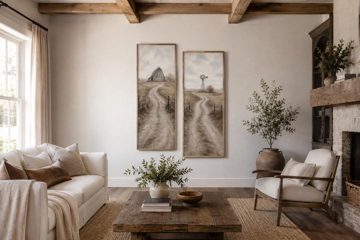 Set of 2 tall narrow farmhouse wall art panels featuring country roads with a barn and windmill.