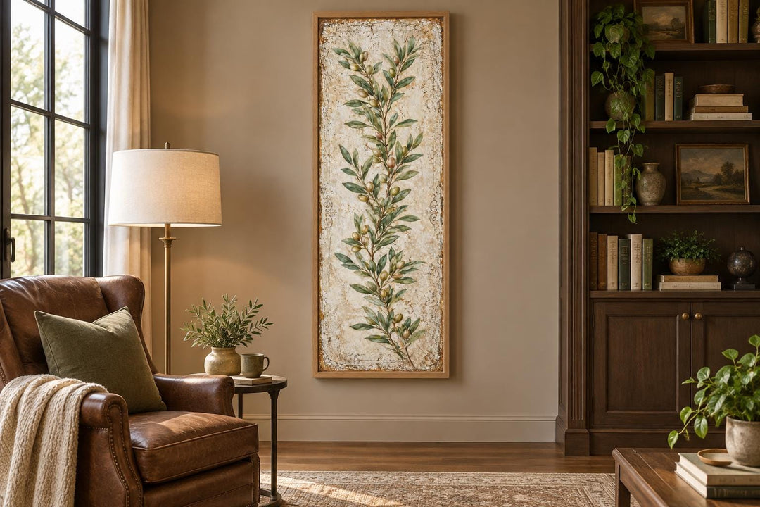 Tall vertical canvas wall art featuring a green olive branch on a textured, aged cream background.