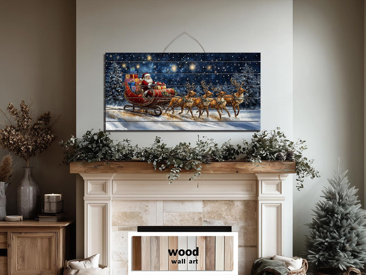 Christmas Wall Art - Rustic Santa Claus In Sleigh and Reindeer Distressed Wood Wall Art
