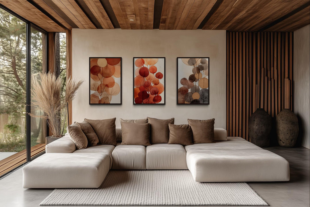 Abstract Botanical Wall Art Set of 3 – Warm Autumn Tones Canvas Prints, Burnt Orange and Beige Leave