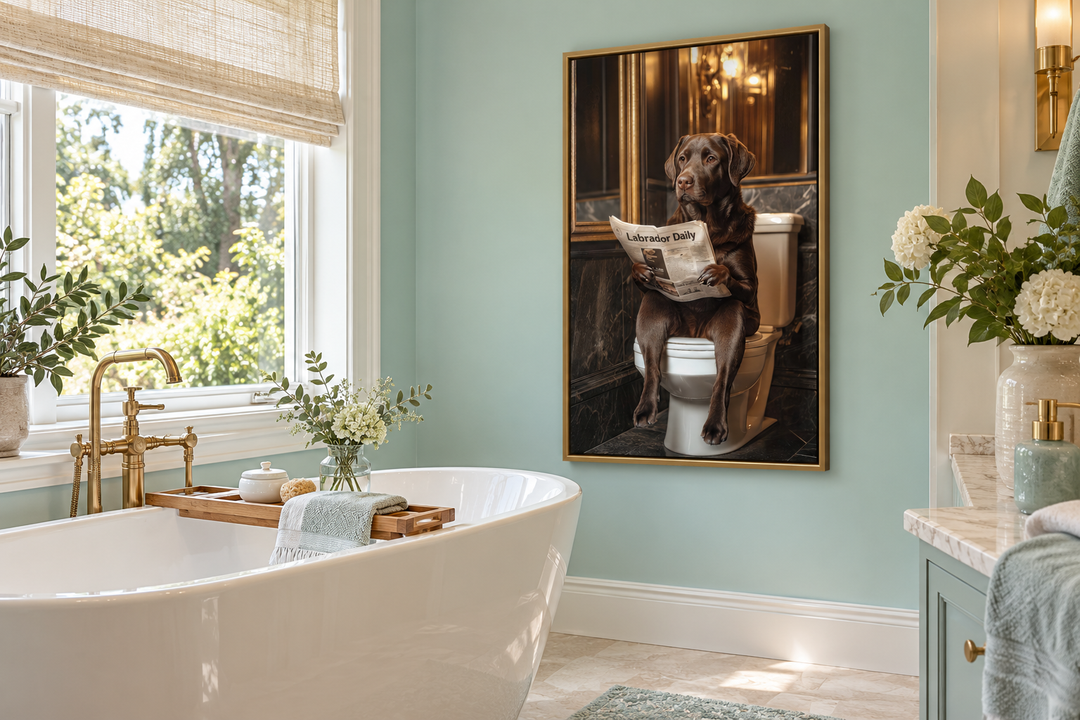 Framed wall art of a chocolate Labrador retriever sitting on a toilet reading a newspaper.