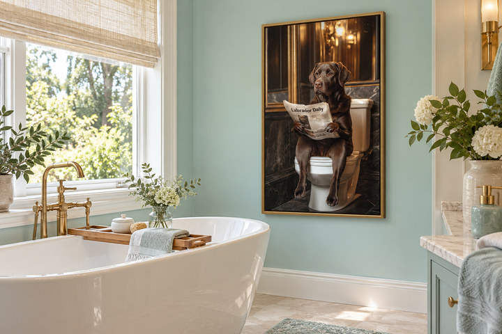 Framed wall art of a chocolate Labrador retriever sitting on a toilet reading a newspaper.