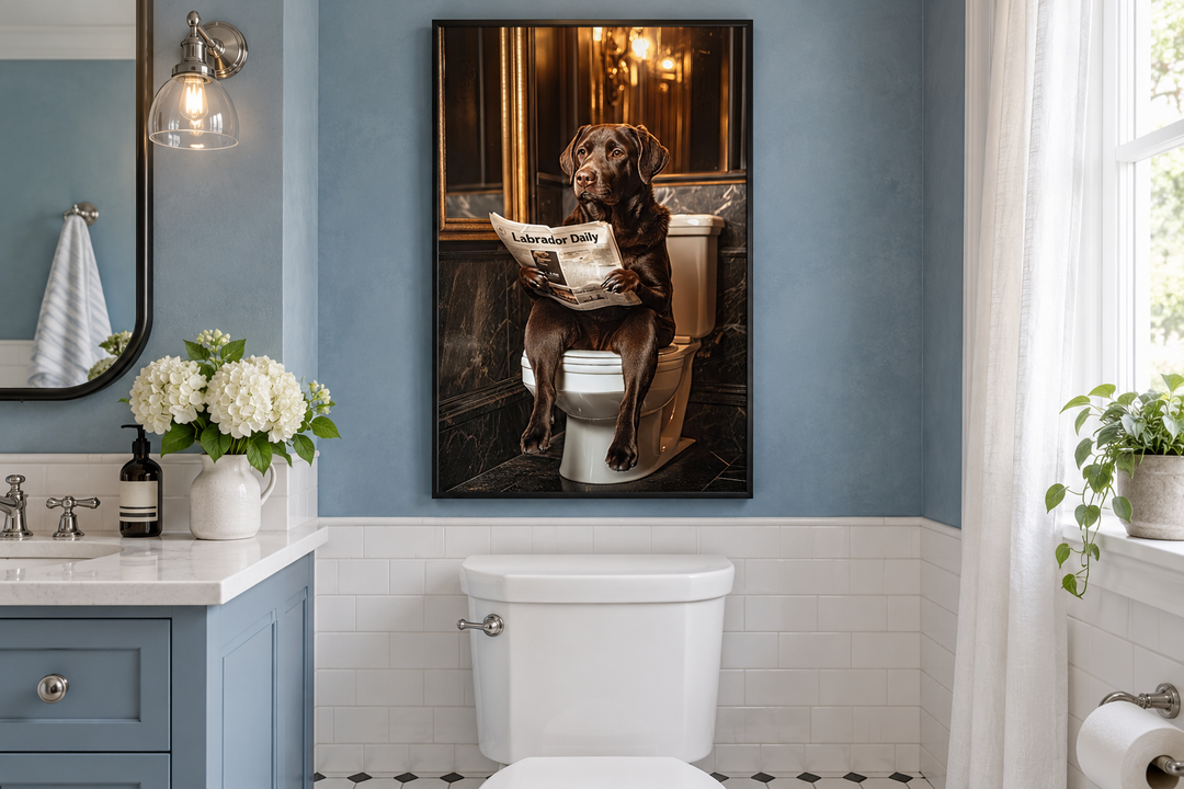 Framed wall art of a chocolate Labrador sitting on a toilet reading a newspaper in a blue bathroom.