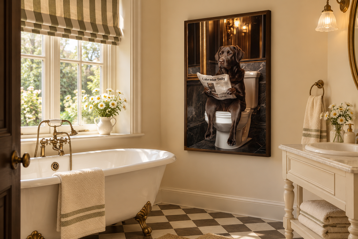 Framed picture of a chocolate Labrador retriever sitting on a toilet reading a newspaper.