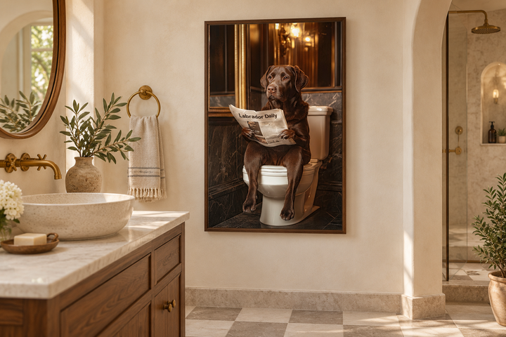 Chocolate brown Labrador retriever on toilet reading a newspaper in a framed bathroom wall art.