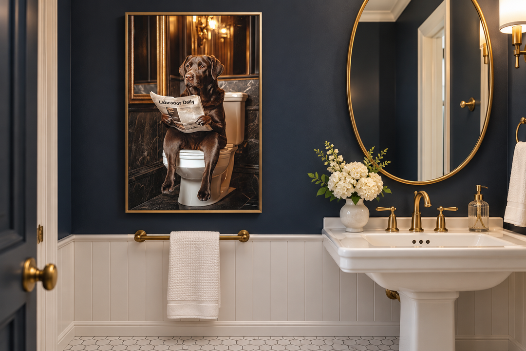 Framed art of a chocolate Labrador retriever sitting on a toilet reading a newspaper in a bathroom.