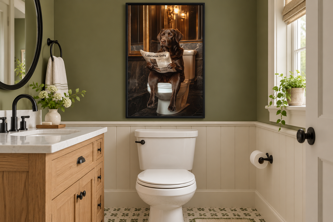 Framed wall art of a chocolate Labrador reading a newspaper on a toilet in a farmhouse bathroom.