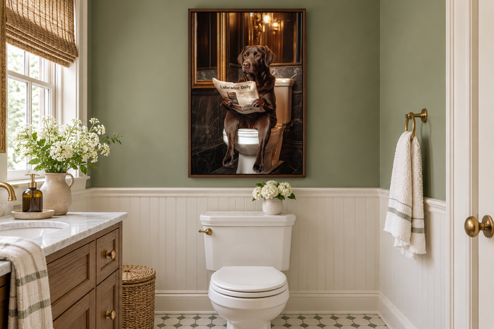 Chocolate brown Labrador retriever on a toilet reading a newspaper in a sage green bathroom.