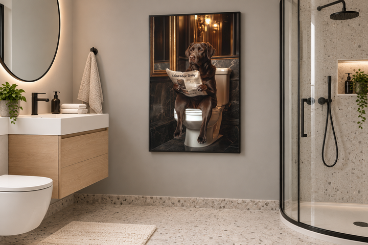 Framed wall art of a chocolate Labrador retriever sitting on a toilet reading a newspaper.