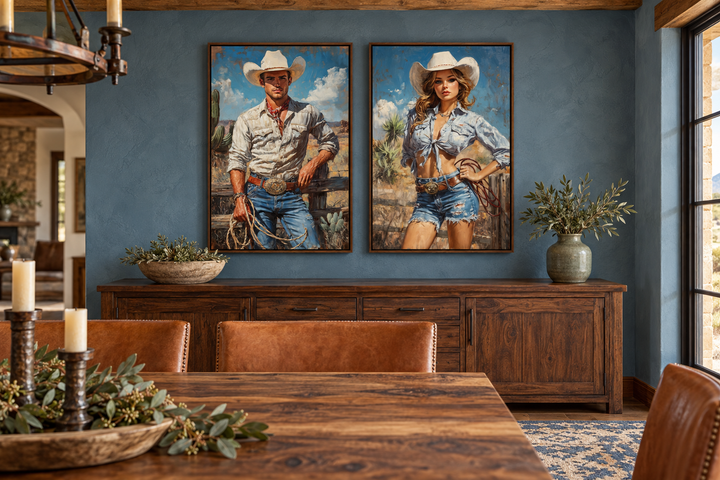 Set of 2 cowboy and cowgirl retro canvas wall art prints in a rustic dining room.