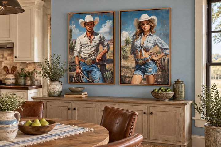 Set of 2 retro cowboy and cowgirl canvas paintings in a rustic dining room above a wooden sideboard.