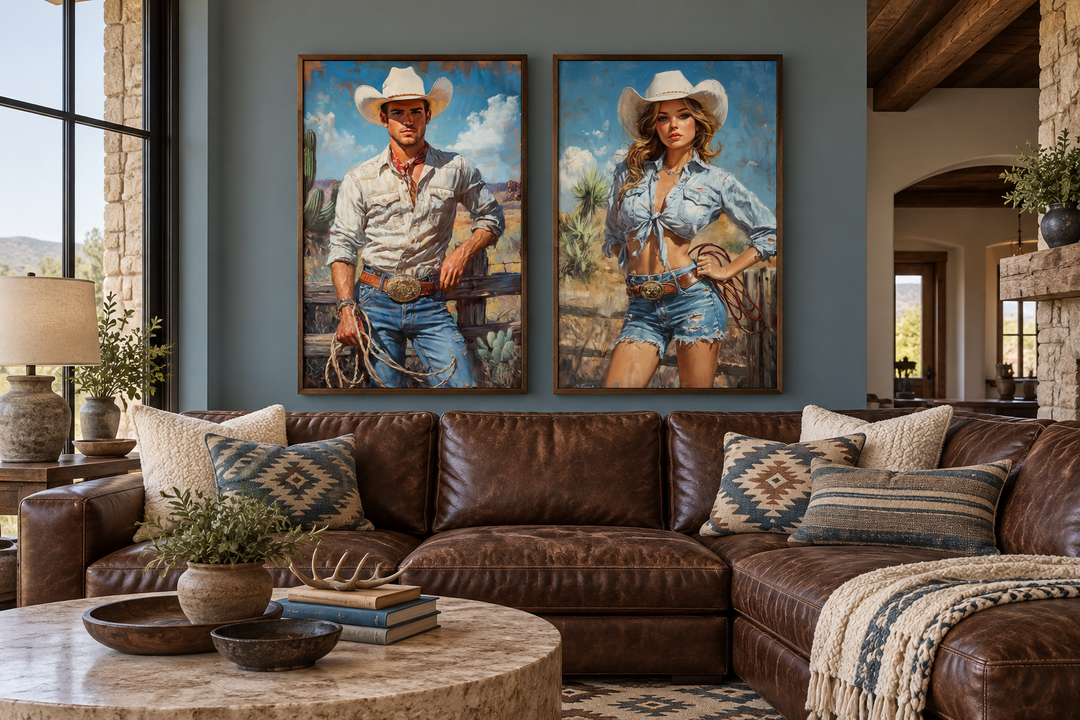 Set of 2 cowboy and cowgirl retro canvas wall art prints hanging above a brown leather sofa.