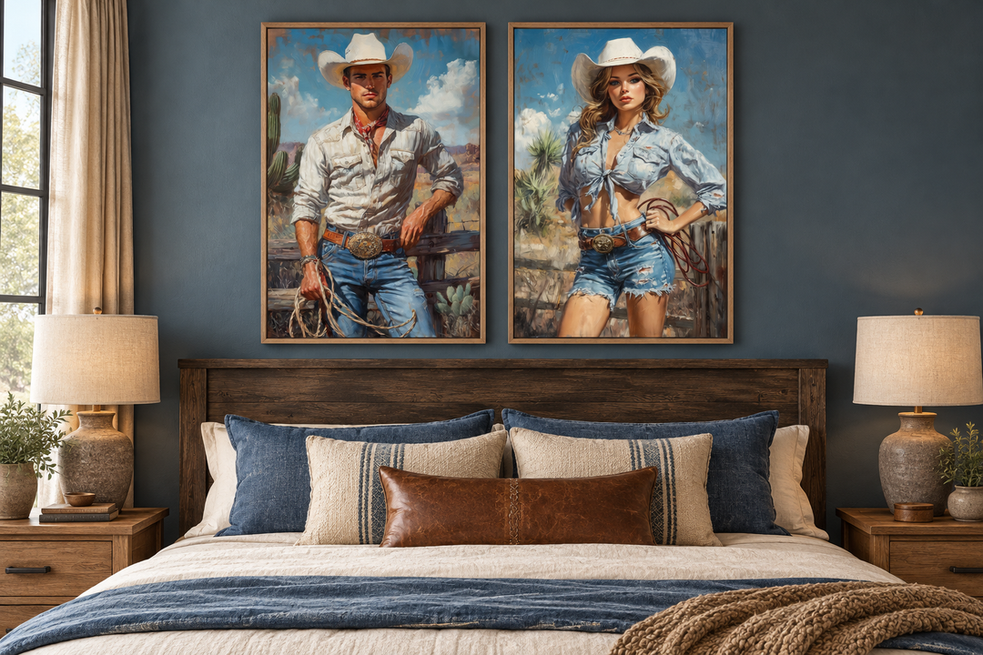 Set of 2 cowboy and cowgirl retro canvas wall art prints hanging above a bed in a rustic bedroom.