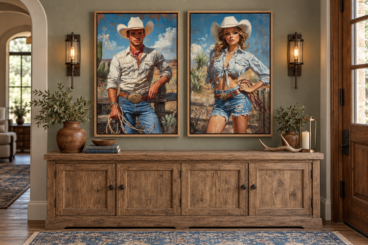 Set of 2 retro canvas wall art featuring a cowboy and cowgirl in a rustic entryway.