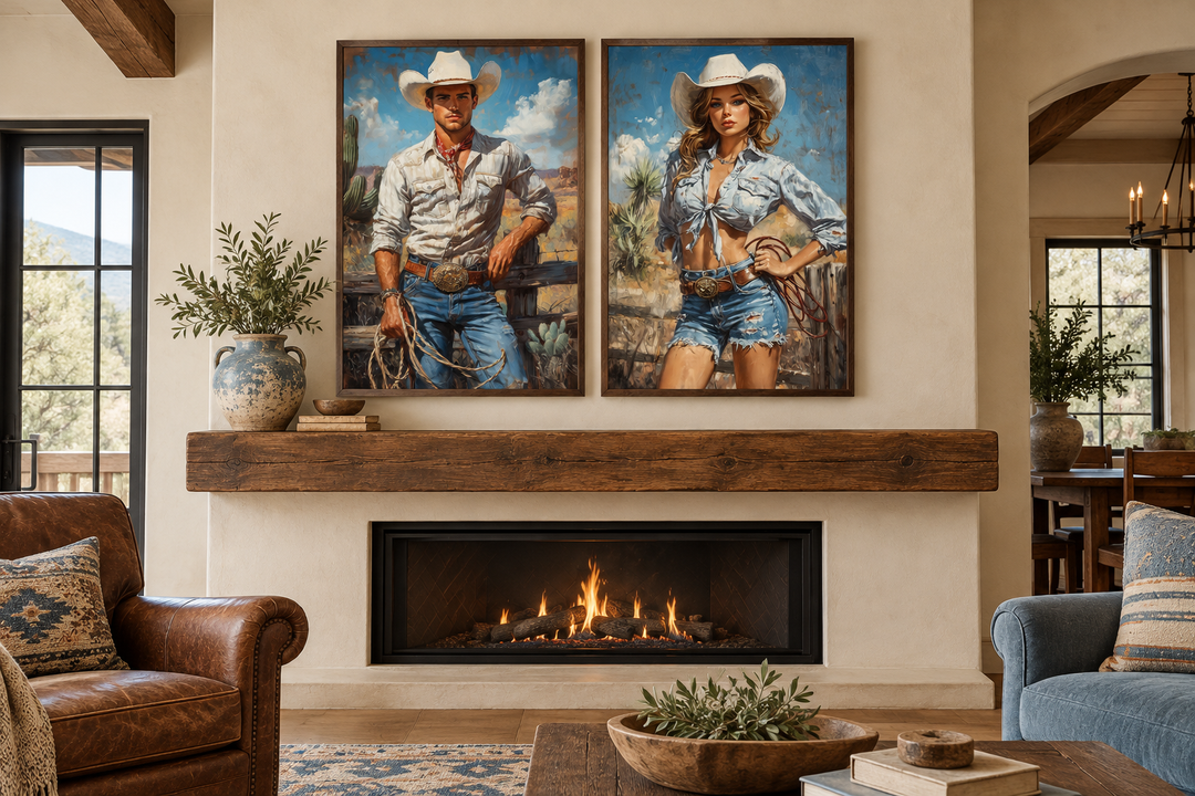 Set of 2 retro canvas wall art featuring a cowboy and cowgirl above a rustic fireplace mantel.