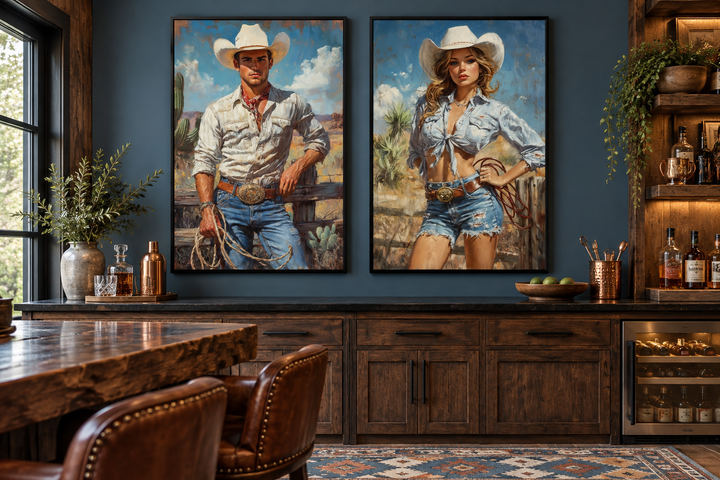 Set of 2 retro canvas wall art featuring a cowboy and cowgirl in a rustic home bar setting.