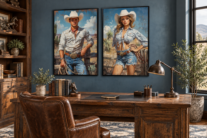 Set of 2 retro cowboy and cowgirl canvas wall art prints in black frames above a rustic wood desk.