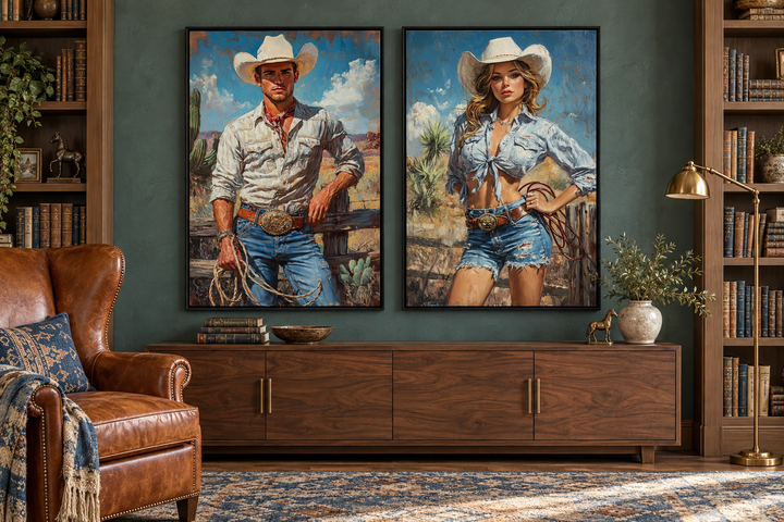 Set of 2 retro canvas wall art pieces featuring a cowboy and cowgirl in a rustic library setting.