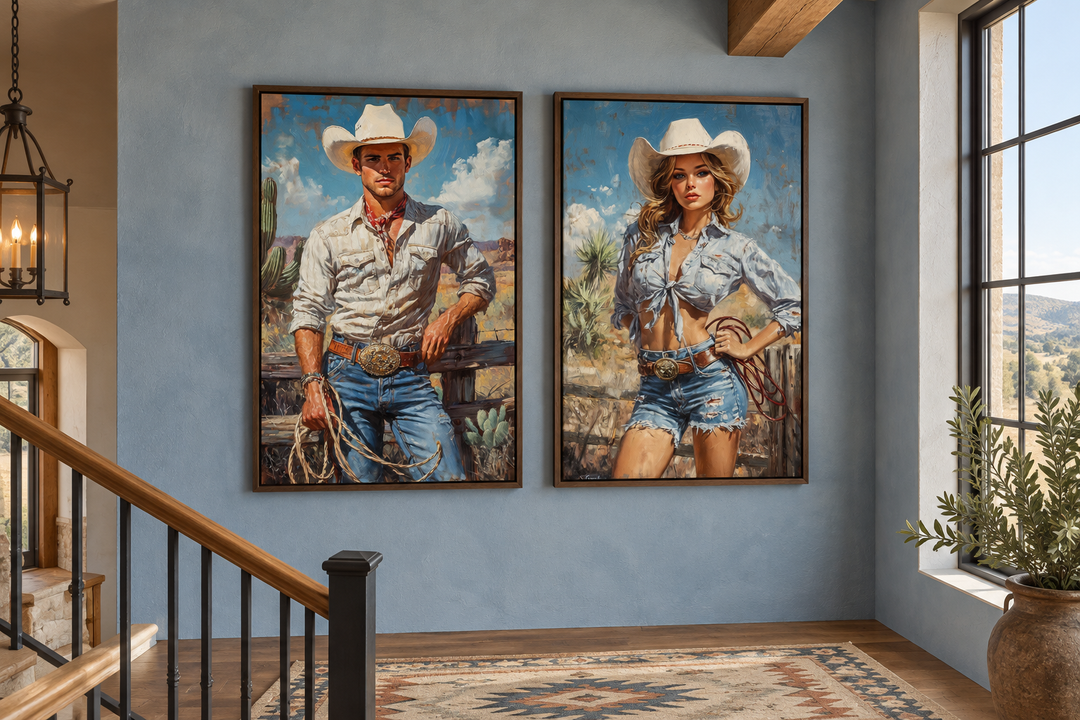Set of 2 retro canvas wall art featuring a cowboy and cowgirl in a rustic hallway setting.