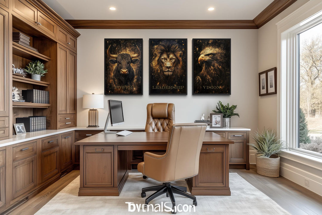 Leadership Wall Art – Motivational Lion Bull Eagle Office Canvas Set for Executive Workspace