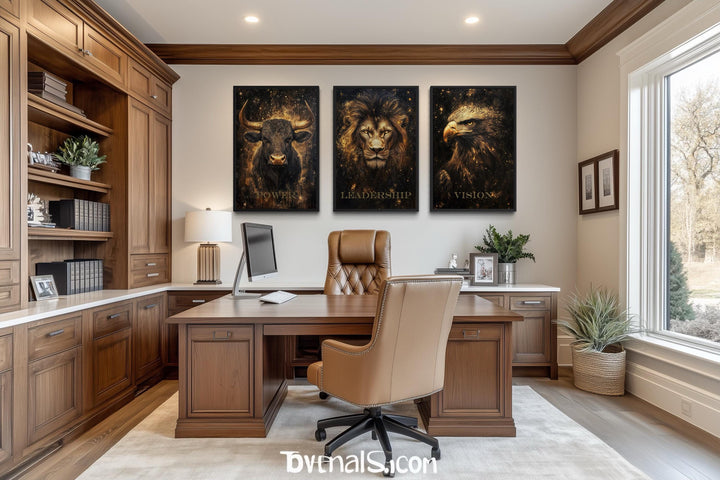 Leadership Wall Art – Motivational Lion Bull Eagle Office Canvas Set for Executive Workspace