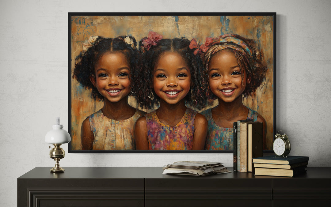 Three Happy Black Girls Smiling Framed Canvas Wall Art close up