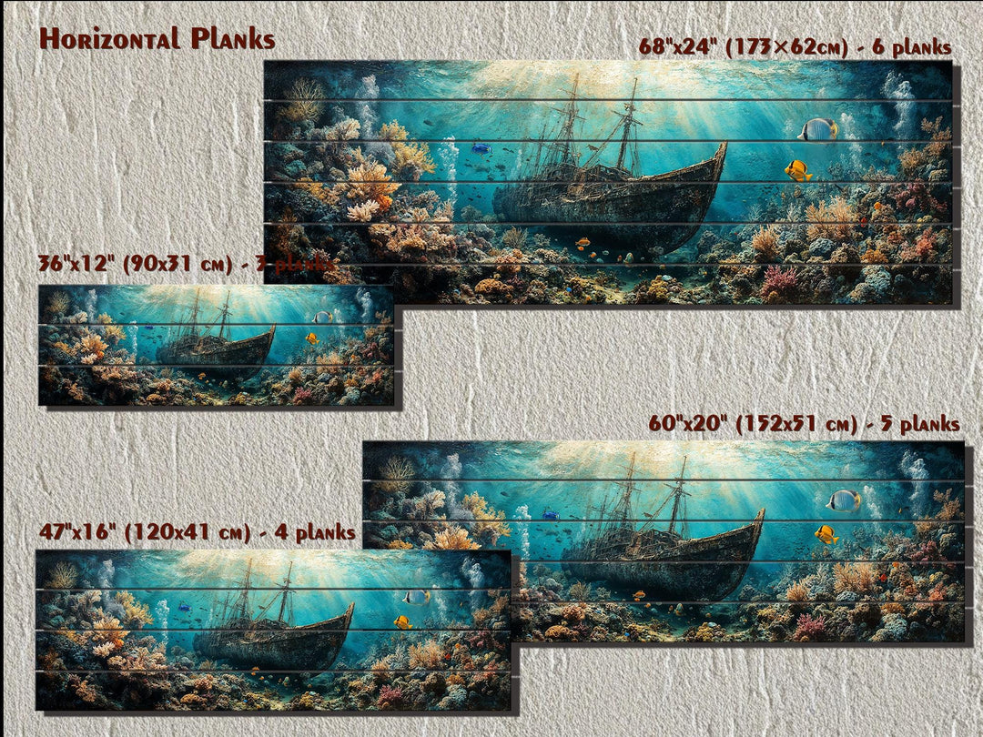 Sunken shipwreck wood wall art in four sizes featuring a coral reef and underwater scene.