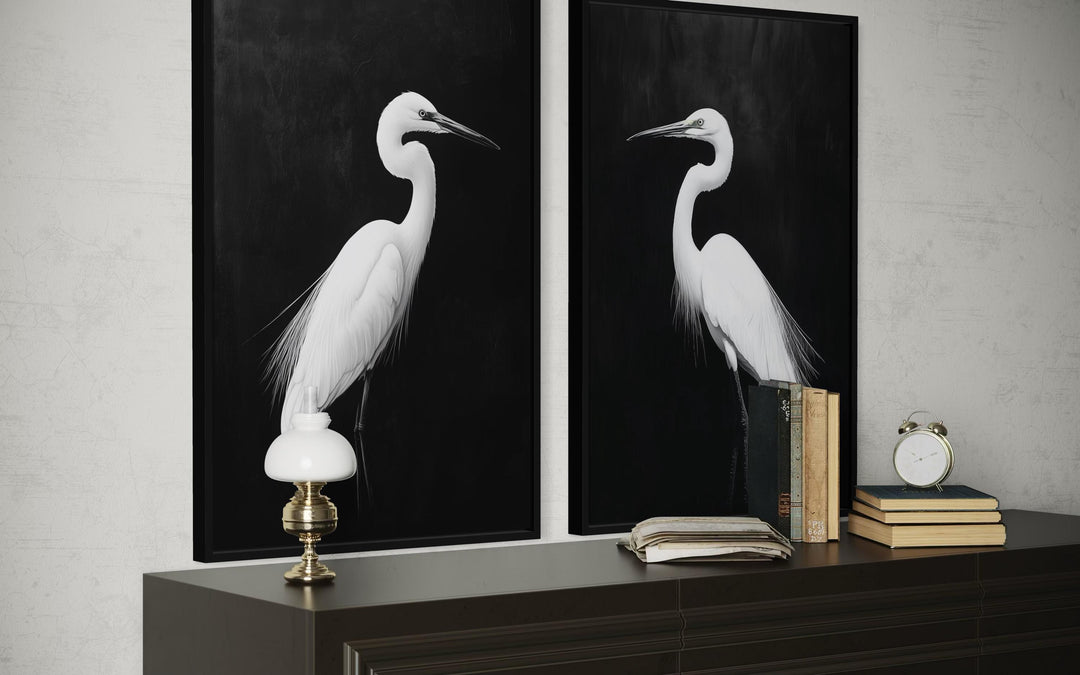 Set of 2 White Egrets On Black Background Canvas Wall Art