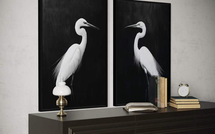 Set of 2 White Egrets On Black Background Canvas Wall Art