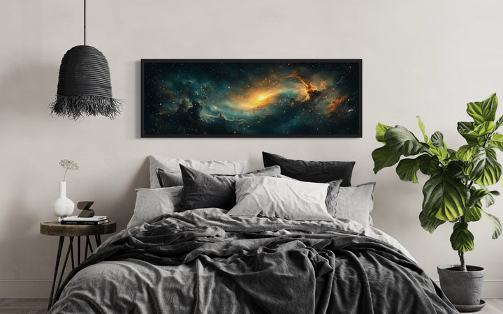 Cosmic Nebula Space Long Horizontal Canvas Wall Art above large bed