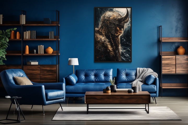 Viking On Ocean Background Framed Canvas Wall Art in a living room filled with furniture