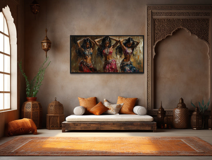 Three Indian Belly Dancers Framed Canvas Wall Art in traditional indian room