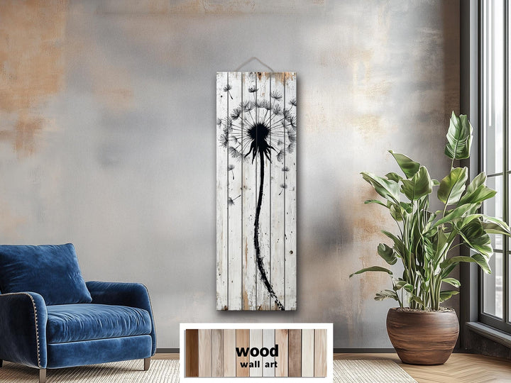 Tall Vertical Dandelion Wall Art - Whitewashed Distressed Wood Slim Rustic Floral Decor