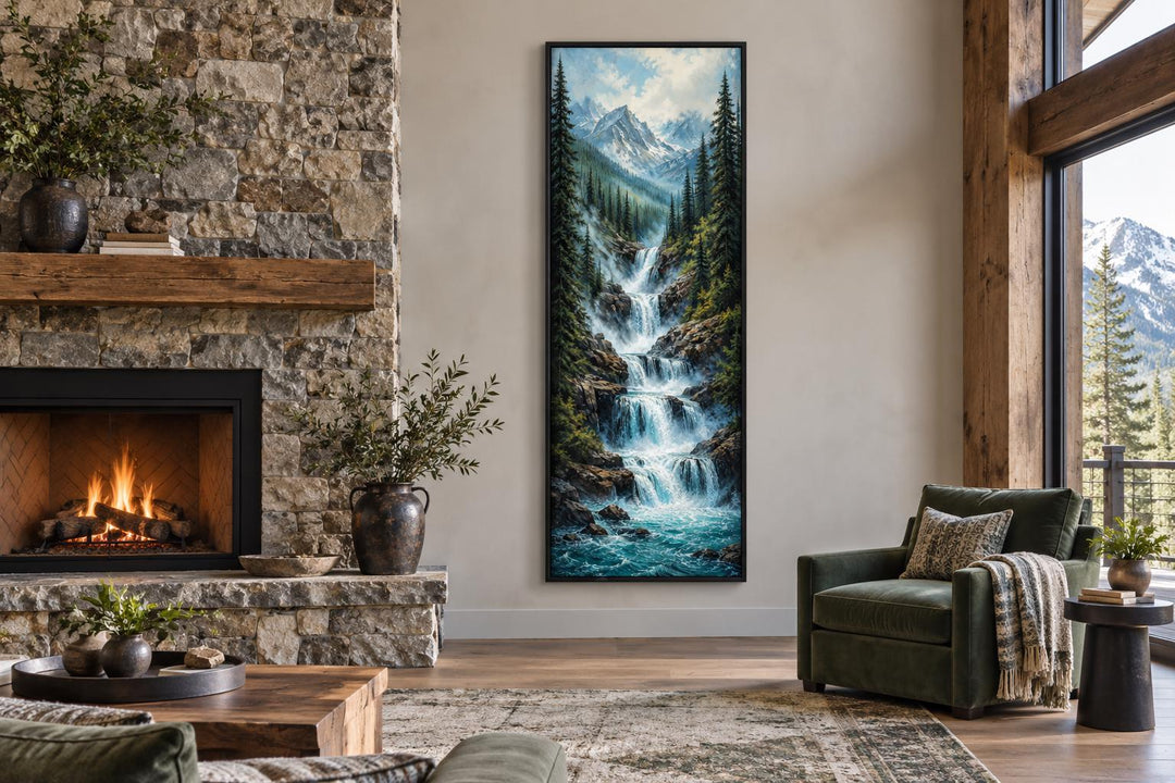 Tall narrow canvas wall art of a cascading mountain waterfall through a pine forest.
