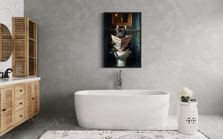 Black French Bulldog On The Toilet Reading Newspaper wall art in bathroom