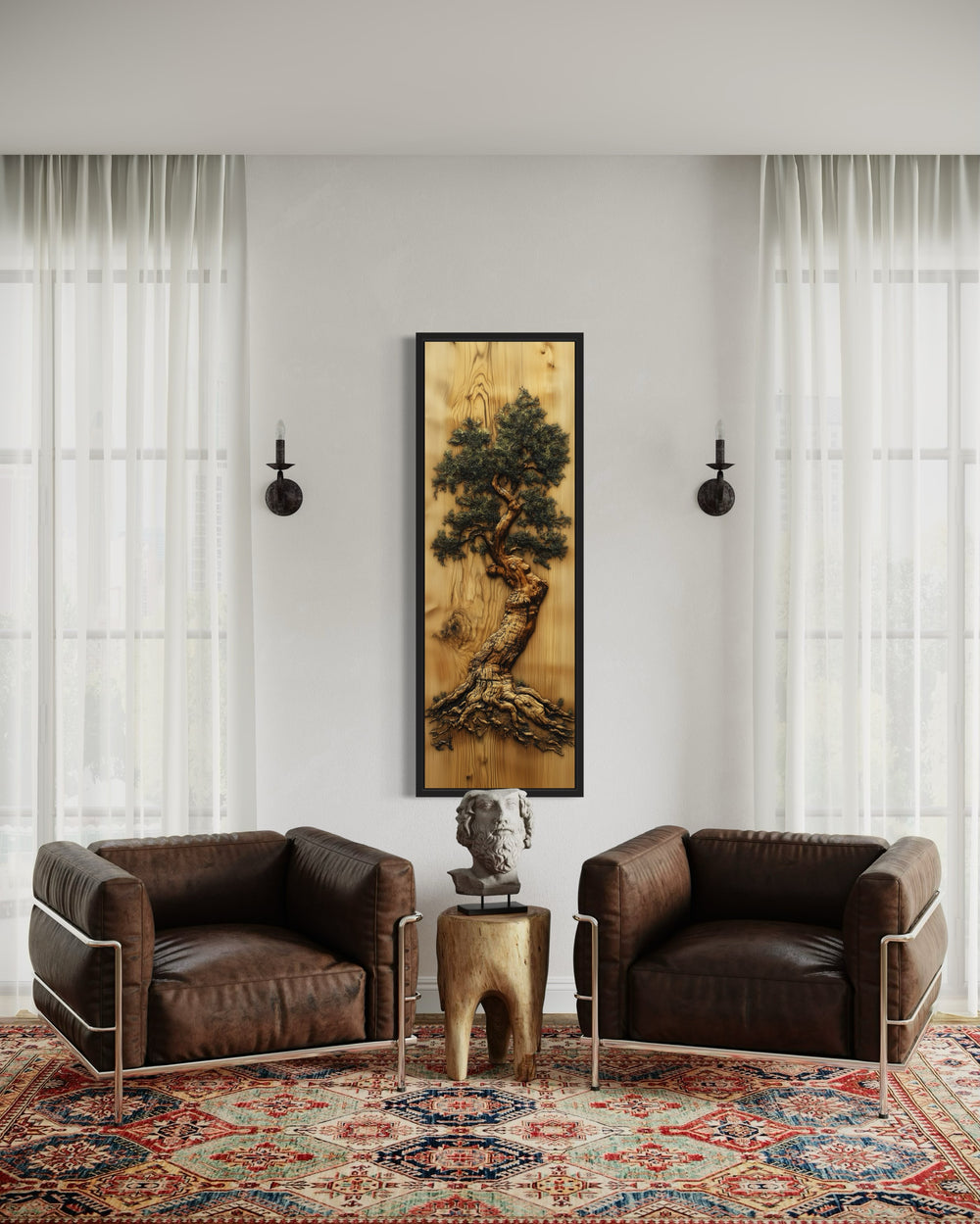 Oak Tree Painted On Wood Slice Vertical Framed Canvas Wall Art in a living room with two chairs and a table