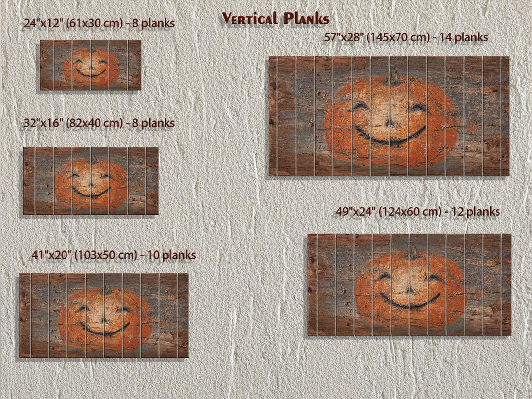 Size guide for primitive pumpkin wall art on vertical wood planks, ranging from 24x12 to 57x28 inches.