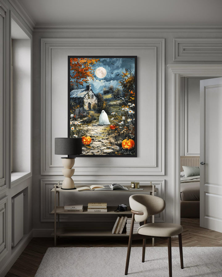 Spooky Ghost Decor with Full Moon And Pumpkin Path Halloween Canvas Wall Art