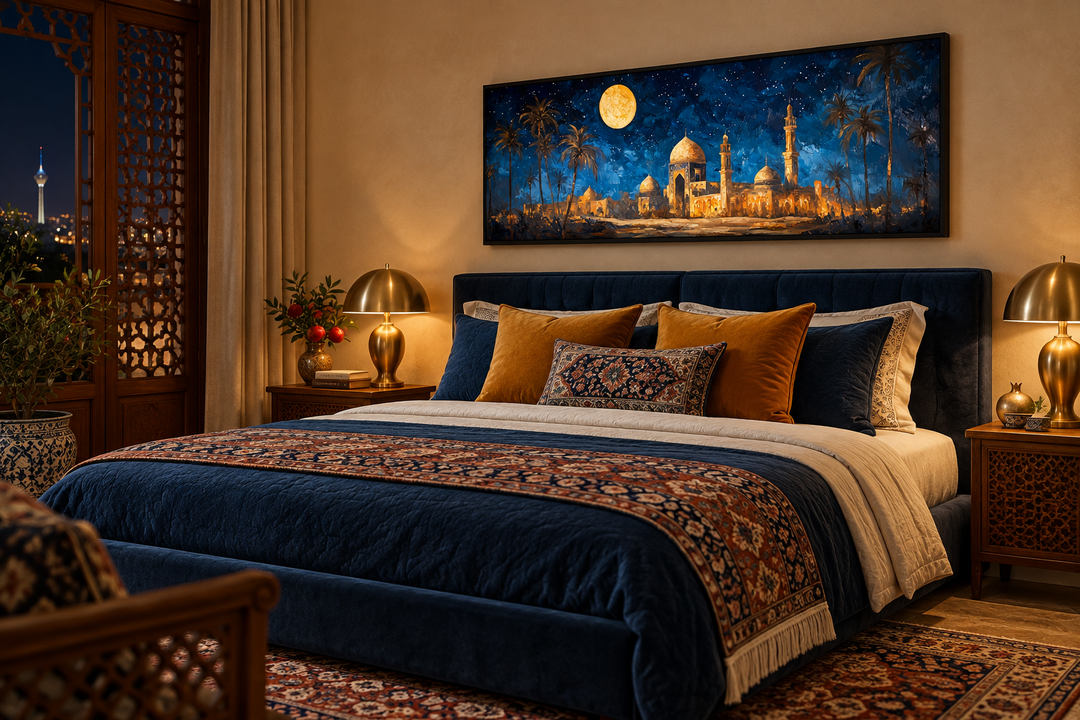Middle Eastern nightscape wall art with Arabic domes and a full moon above a navy velvet bed.